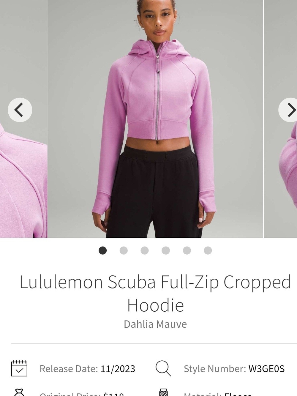lululemon athletica Cropped Scuba Full‑Zip Hoodie — Dahlia Mauve Size 4